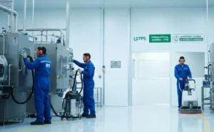 Fotografía de hombres con overol azul trabajando en la limpieza para el cumplimiento de normas STPS y auditorías.