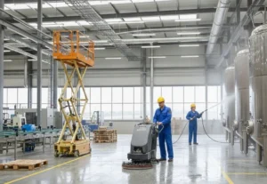 Fotografía del personal de un servicio profesional de limpieza industrial en naves y plantas realizando su trabajo.