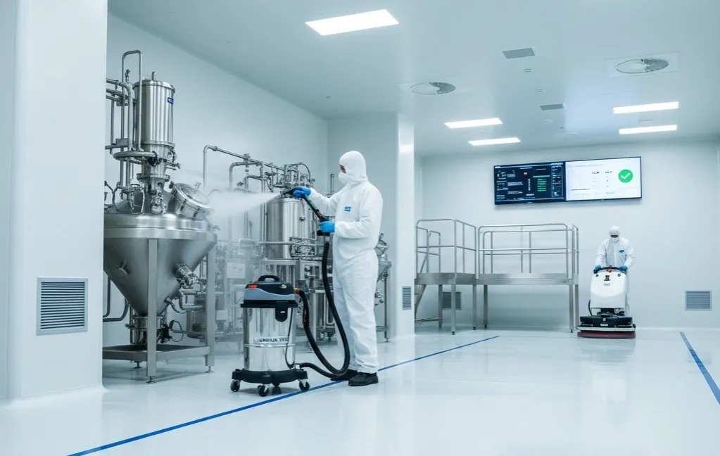 Fotografía de personal especializado en limpieza en naves industriales para cumplimiento de normas STPS y auditorías.