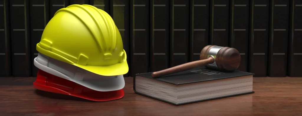 Fotografía de cascos de protección junto un mazo de juez que representa qué es el cumplimiento laboral.
