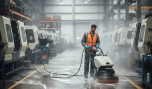 Fotografía de un hombre trabajando en limpieza de una fábrica que representa qué es un servicio especializado.