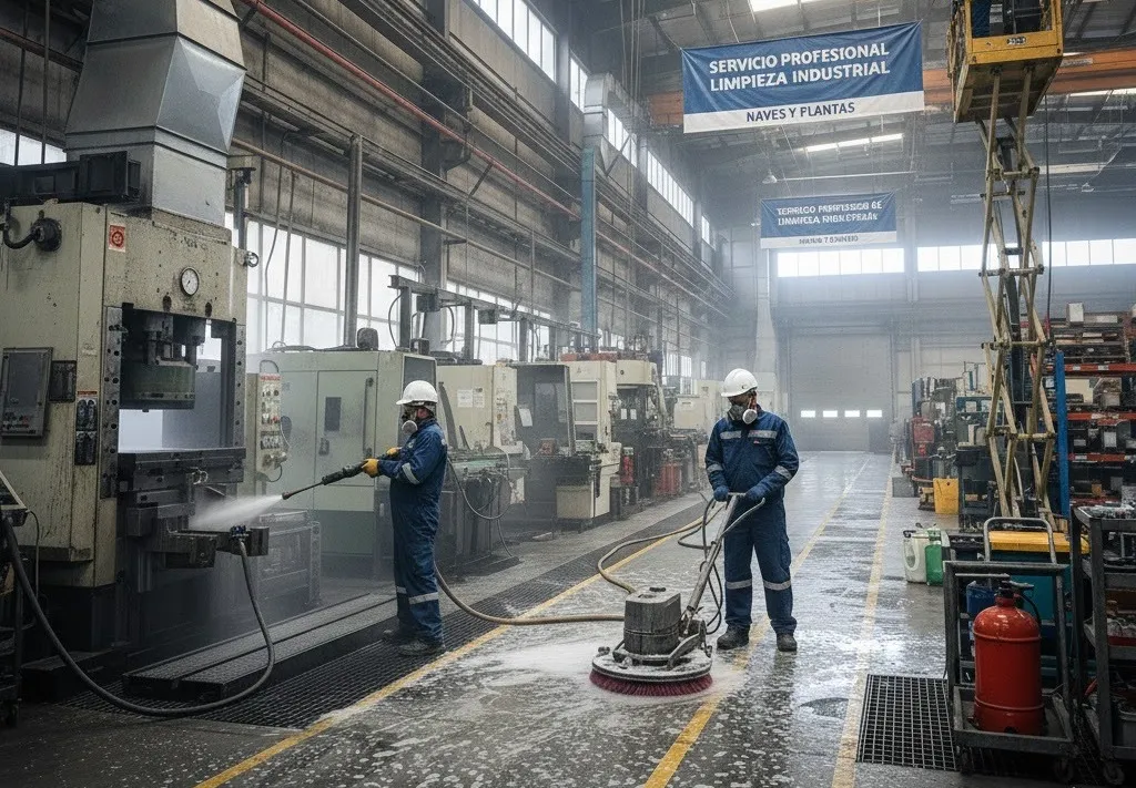 Fotografía de dos hombres que trabajan en un servicio profesional de limpieza industrial en naves y plantas con overol azul.