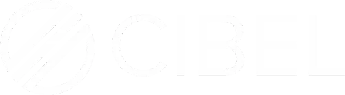 Fondo transparente con letras blancas que dicen CIBEL y círculo blanco con líneas que son el logo de una empresa de limpieza.