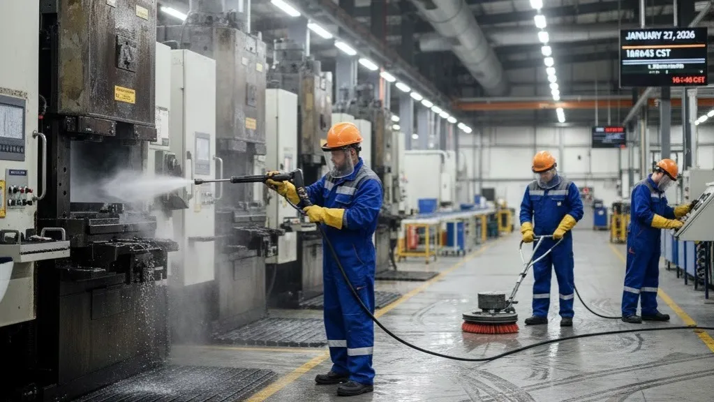 Fotografía de hombres de empresas de contratación de personal de limpieza usando un casco naranja y uniforme azul.