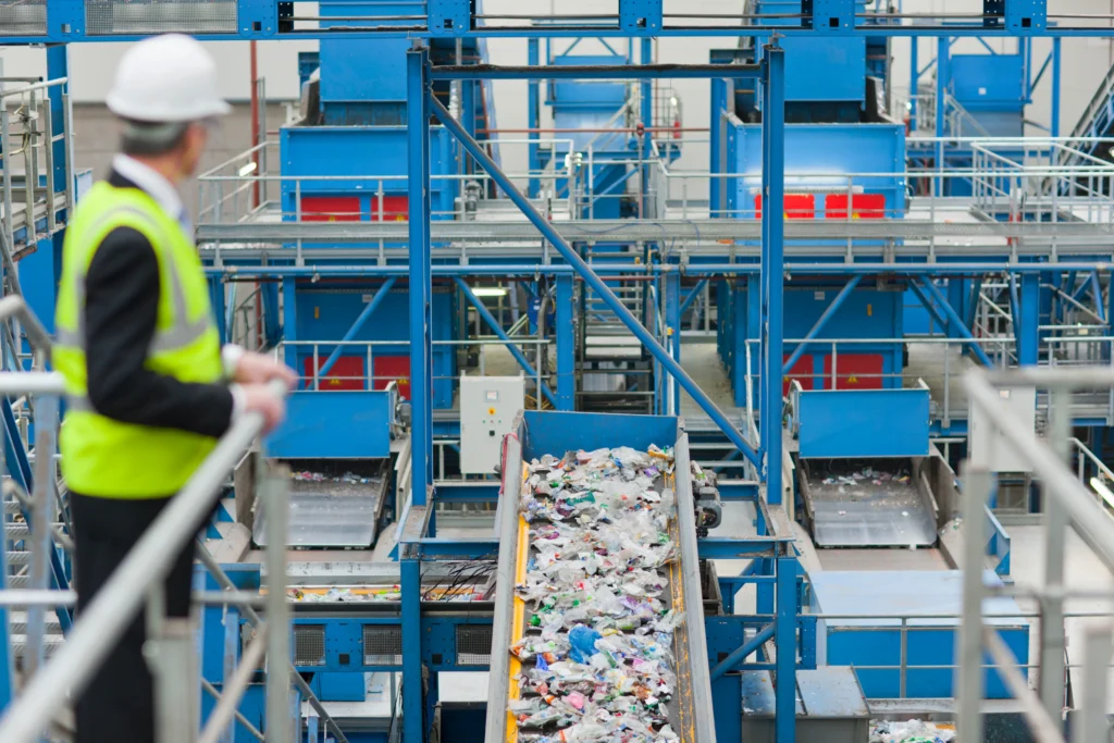 Qué son los residuos industriales: fotografía de una persona utilizando equipo de protección viendo una banda de residuos.