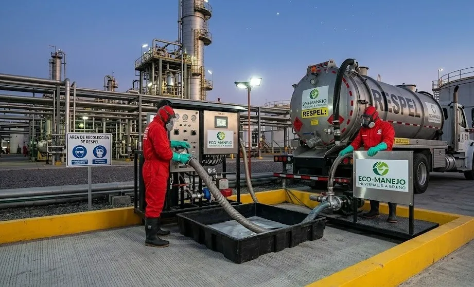 Qué son los residuos industriales: fotografía de persona utilizando un traje de protección rojo mientras desecha residuos.
