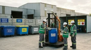 Qué son los residuos industriales: fotografía de tres personas utilizando chalecos verdes y equipo de protección.