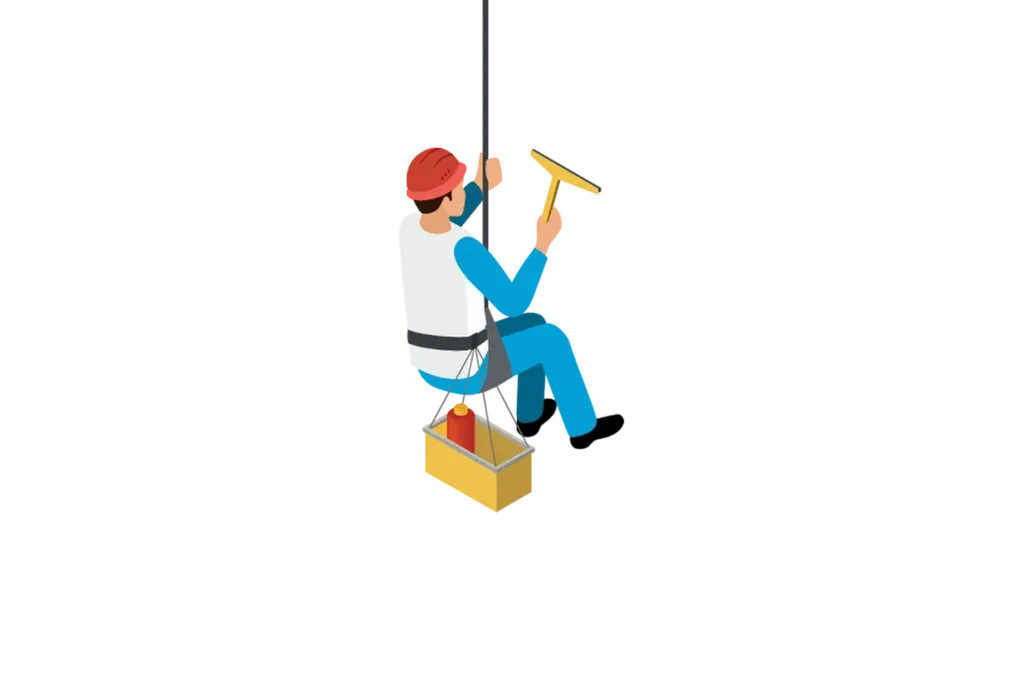 Limpieza en alturas: Figura de una persona utilizando un casco color rojo y un arnés de seguridad mientras limpia.