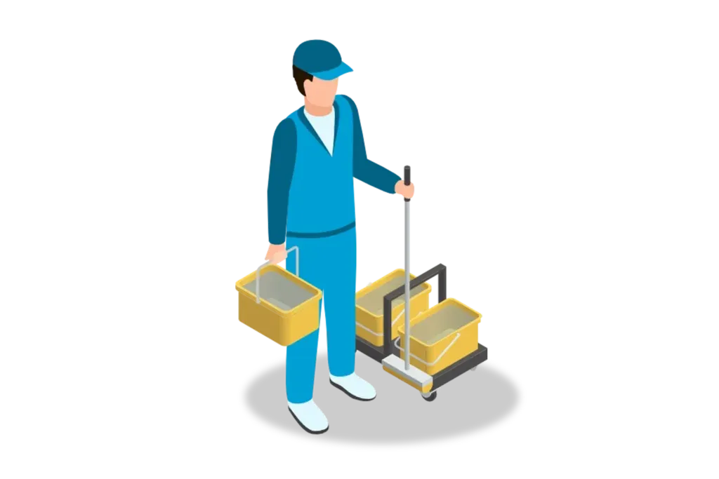 Limpieza general: figura de un hombre con uniforme y gorra color azul sosteniendo cubetas color amarillo.