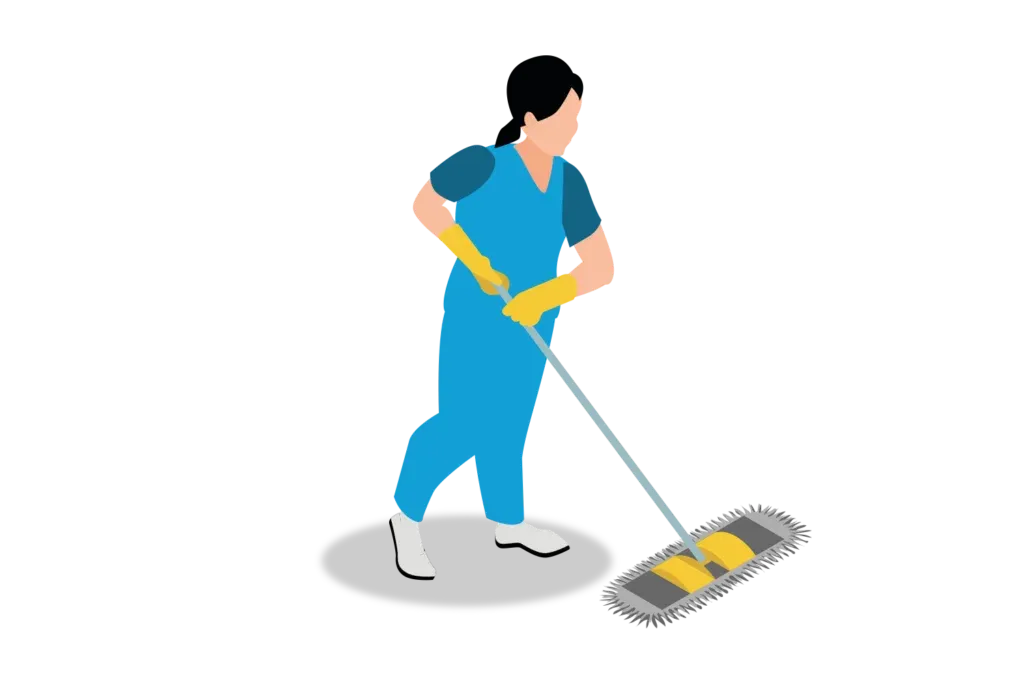 Limpieza ejecutiva: Figura de una mujer con uniforme color azul utilizando un mop color gris con amarillo.