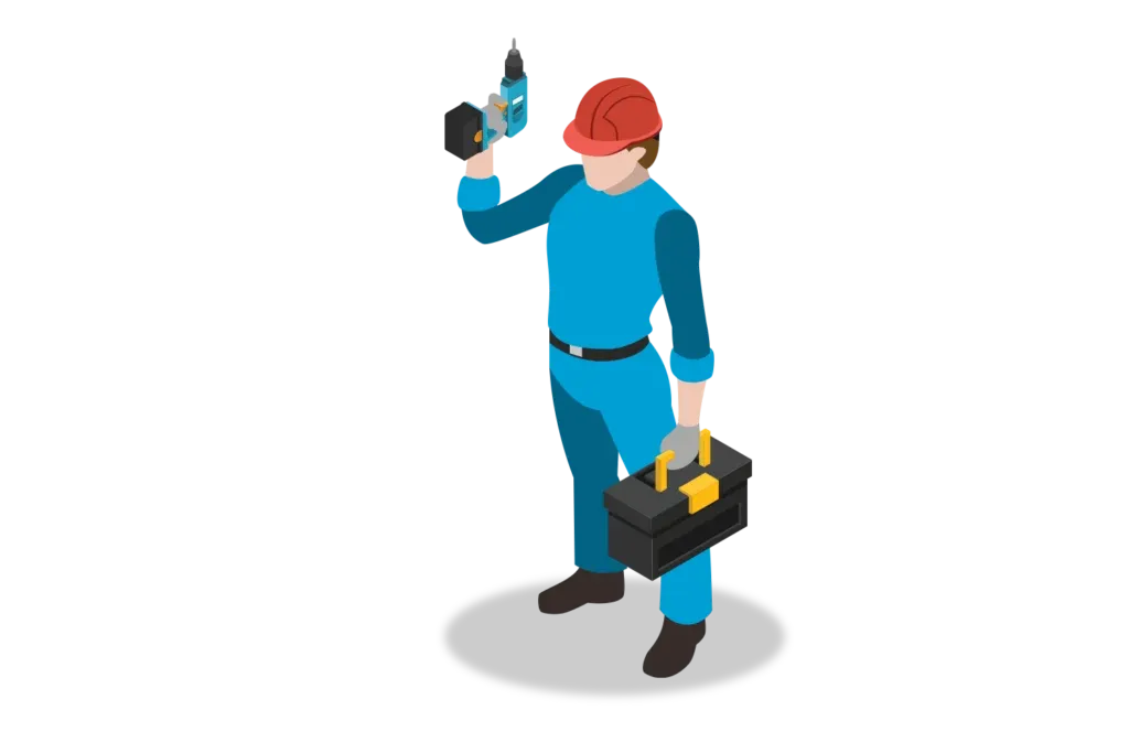 Limpieza general: Figura de un hombre con uniforme azul y casco rojo sosteniendo una caja de herramientas.