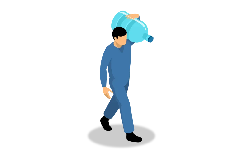Limpieza general: figura de un hombre utilizando un uniforme color azul cargando en su hombro un garrafón de agua.