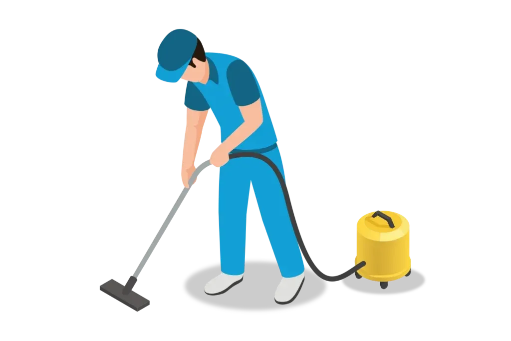 Limpieza general: fotografía de un hombre de uniforme color azul utilizando una aspiradora color amarillo.