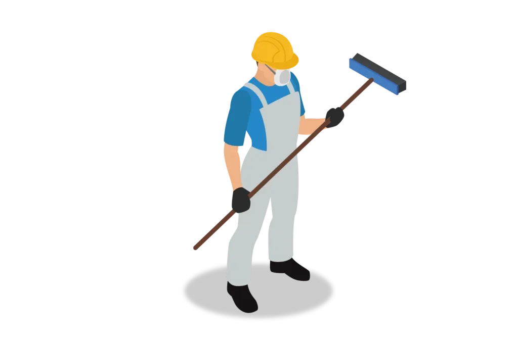 Limpieza industrial: Ilustración de un hombre con casco color amarillo y cubrebocas sosteniendo una escoba.