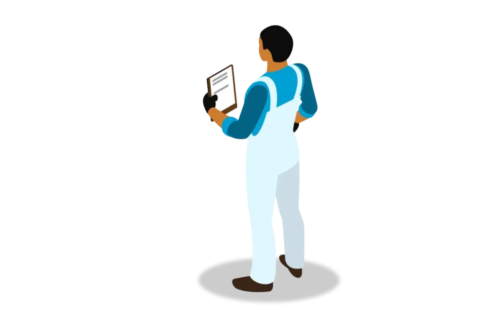 Limpieza industrial: Ilustración de una persona con camisa color azul y overol blanco sosteniendo una tabla con una hoja.