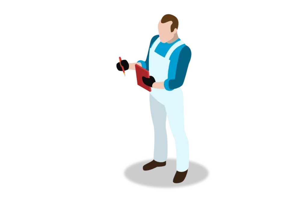 Mantenimiento preventivo: Figura de un hombre de pie usando un overol color blanco y sosteniendo una tabla.