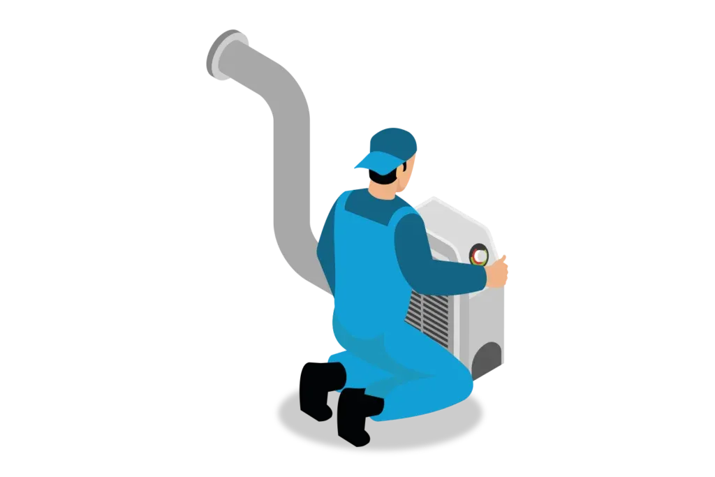 Mantenimiento preventivo: Figura de un hombre usando un uniforme color azul mientras arregla un aire acondicionado.