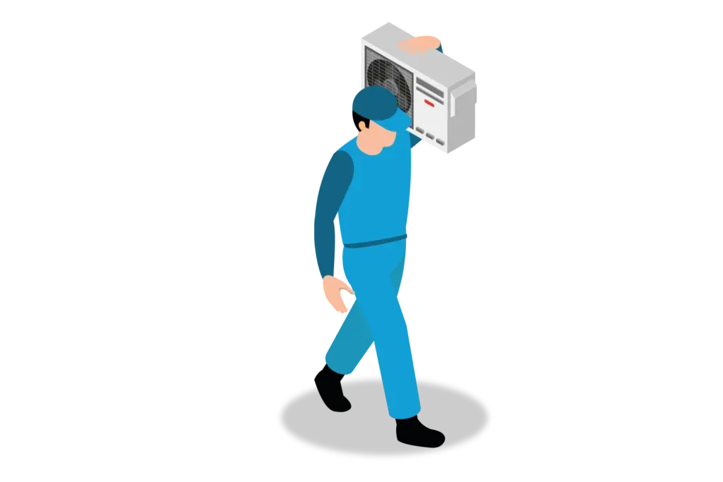 Mantenimiento preventivo: Figura de un hombre usando un uniforme color azul cargando en el hombro un aire acondicionado.