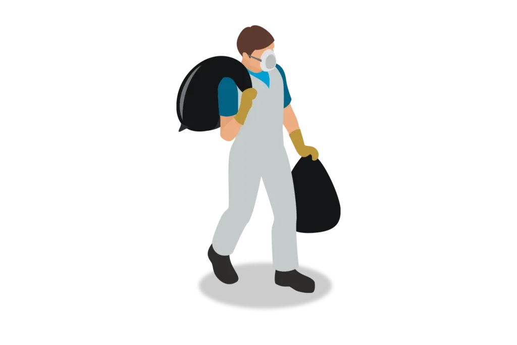 Recolección SCRAP: Figura de un hombre con overol color blanco y cubrebocas llevando dos bolsas color negro.