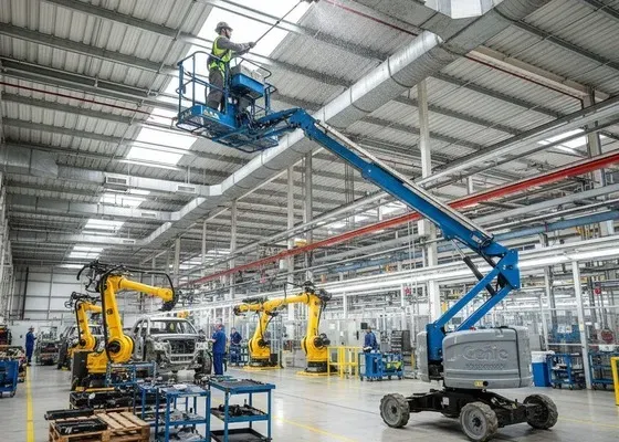 Fotografía de un operador de Genie altamente capacitado realizando limpieza en techo de nave industrial