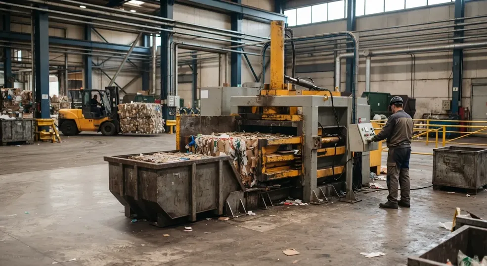 Cómo optimizar la recolección de SCRAP dentro de una planta para reducir desperdicios: Hombre operando compactador.