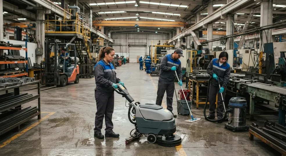 Cómo establecer frecuencias de limpieza para oficinas, áreas comunes y espacios empresariales: personas limpiando el piso.
